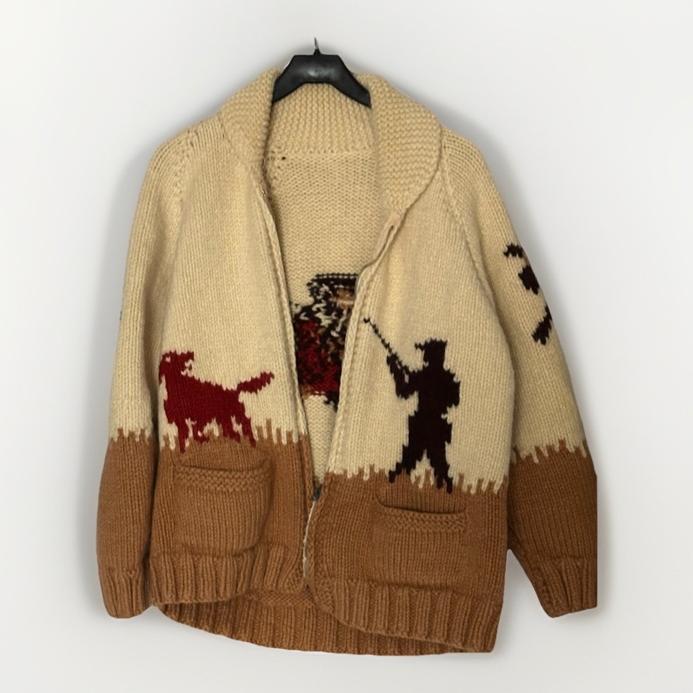 Vintage 50s Handmade Pheasant Hunting Chunky Knit Wool Cowichan Sweater‎